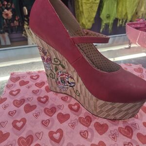 Bettie Page Pink Wedges with Skull Embroidery